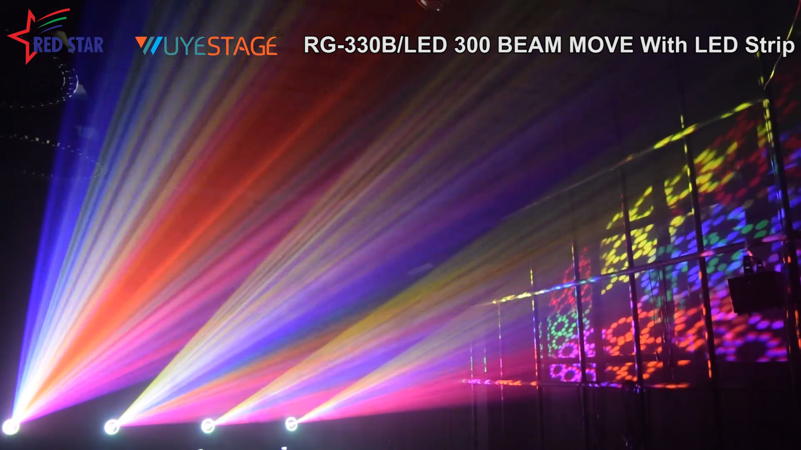 Rainbow-colored beams and patterns projected by multiple fixtures