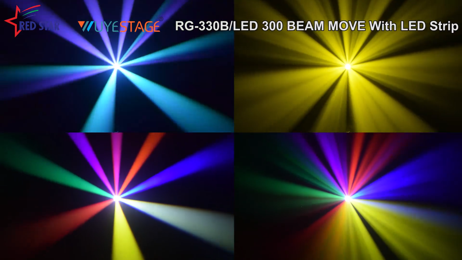 Four demonstrated prism looks with multicolor and yellow radial beams