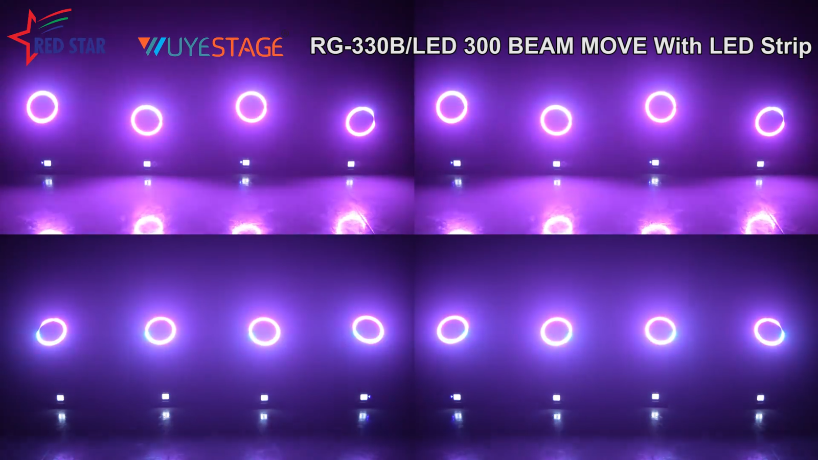 Four fixtures demonstrating purple RGB front-ring looks