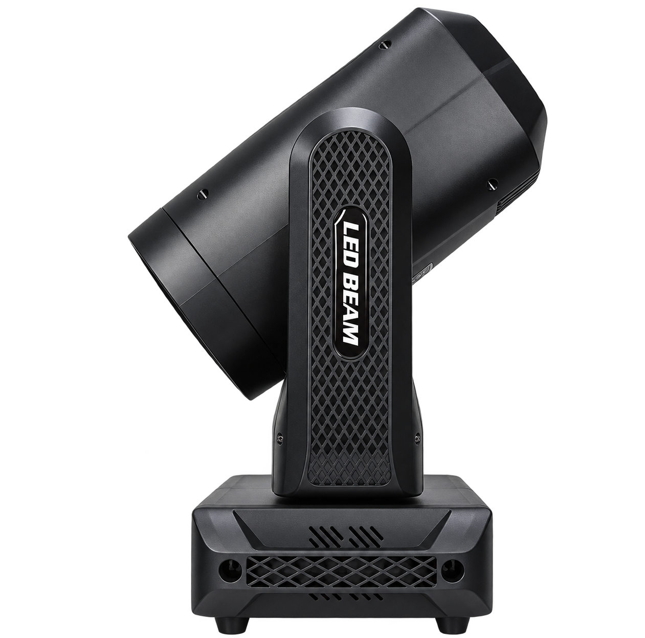 Side view of the LED beam moving head showing its yoke and vented housing