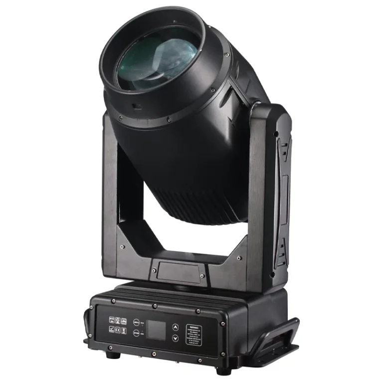 380W Waterproof Beam Moving Head Light — Black die-cast aluminum beam moving head light with tilted lens, yoke and front control panel