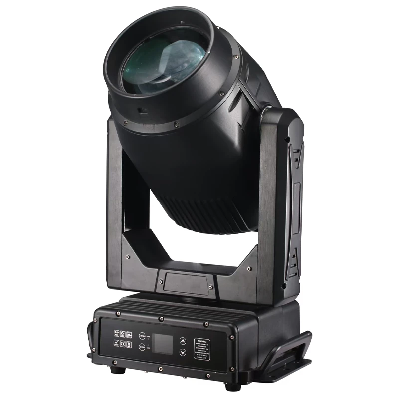 380W Waterproof Beam Moving Head Light — Black die-cast aluminum beam moving head light with tilted lens, yoke and front control panel