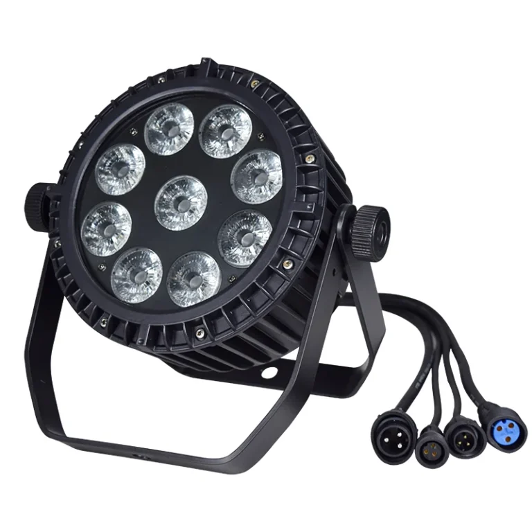 7/9-LED IP65 Waterproof Flat PAR Light — IP65 flat PAR with 9-LED front and attached waterproof leads
