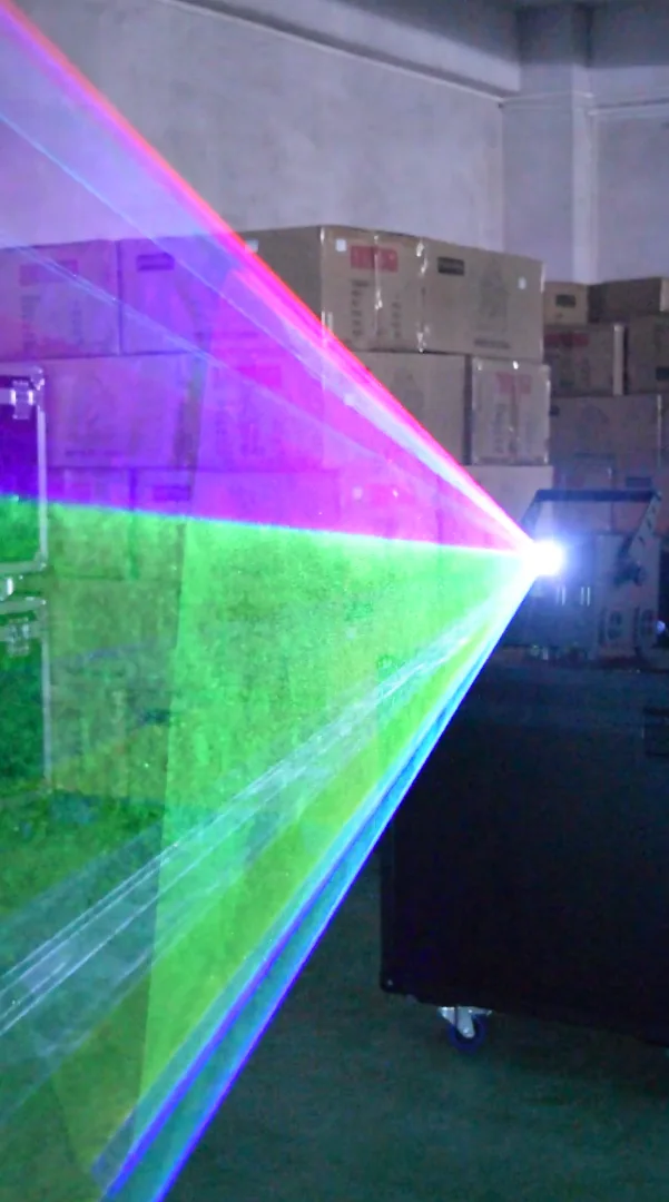 10W / 20W / 30W RGB Animation Laser — Multicolor laser fan demonstrated indoors