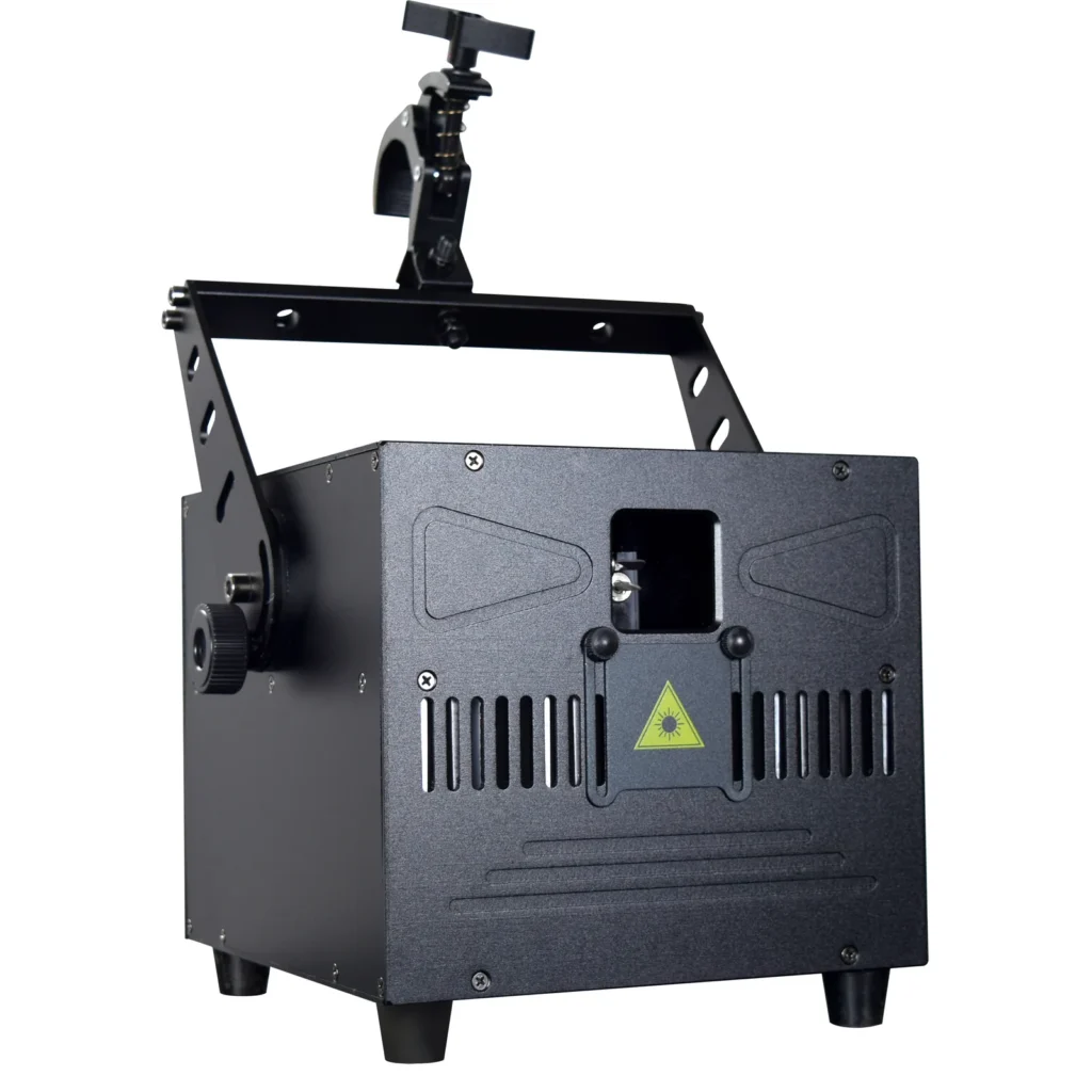 10W / 20W / 30W RGB Animation Laser — Angled front view of RGB animation laser projector and mounting bracket