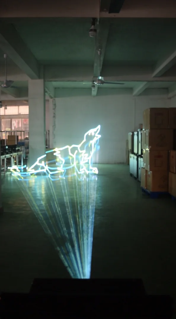 Line-drawn animation projected indoors by RGB laser