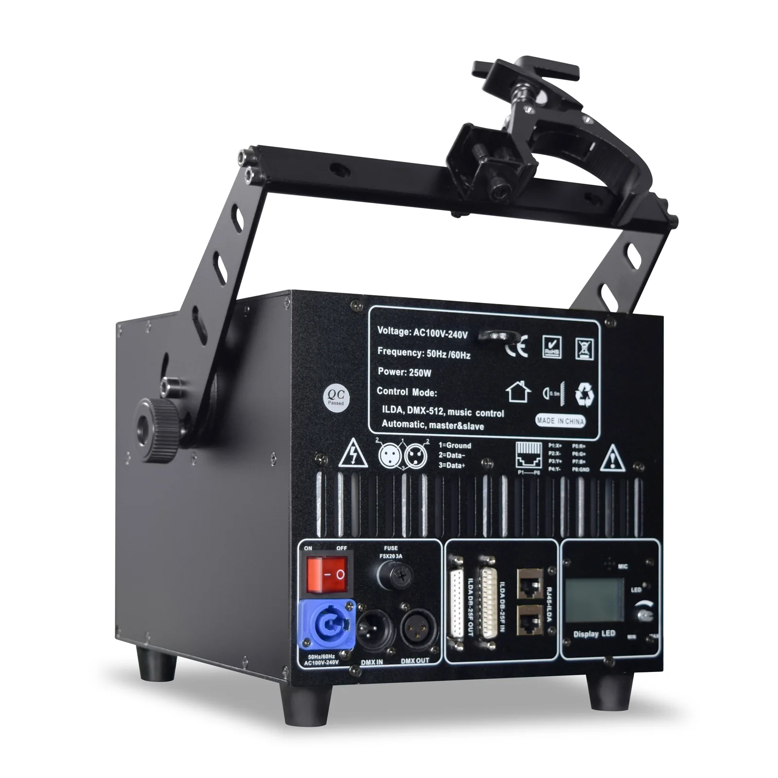 Rear control and connector panel of RGB animation laser projector