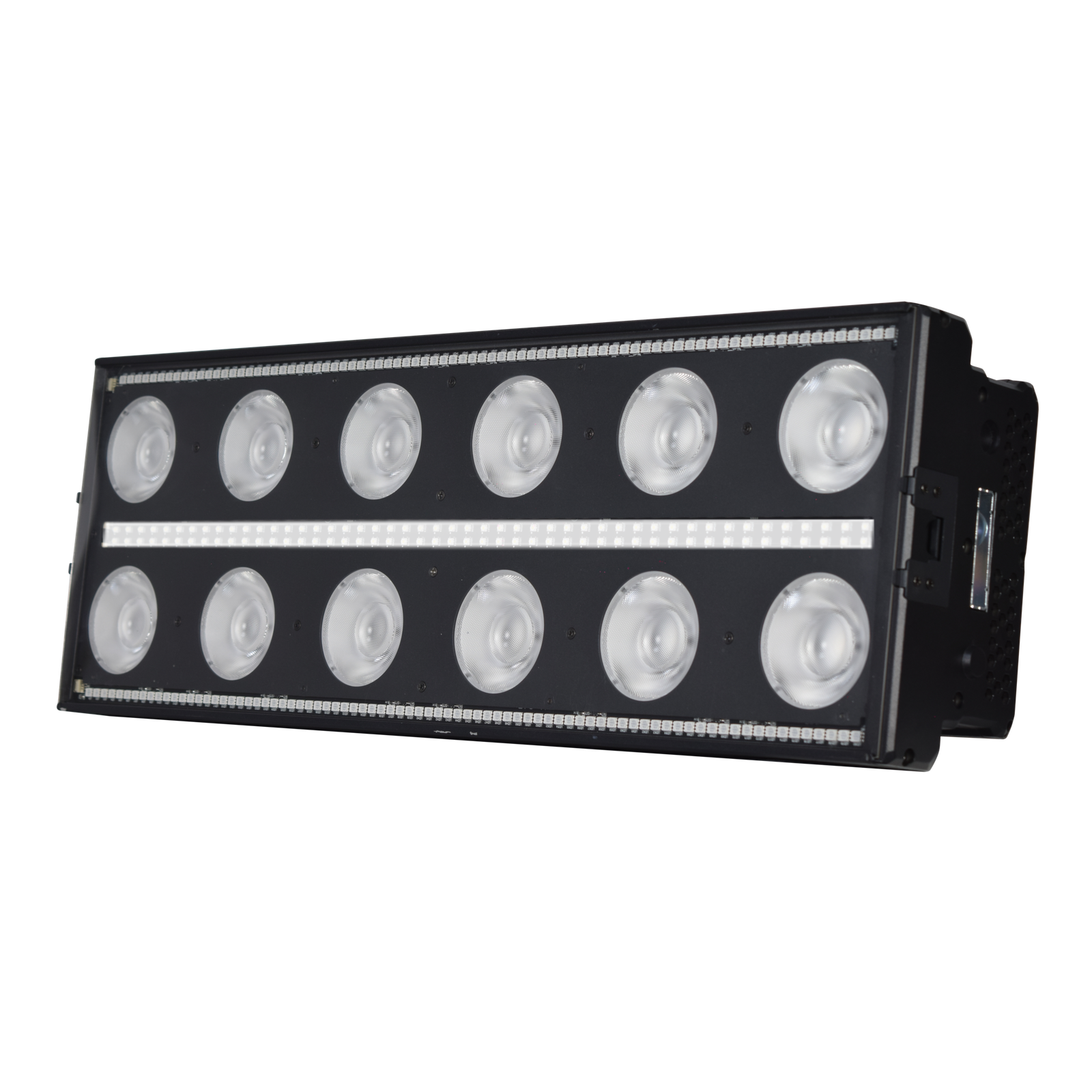 Large angled product view showing the twelve lenses and linear LED sections