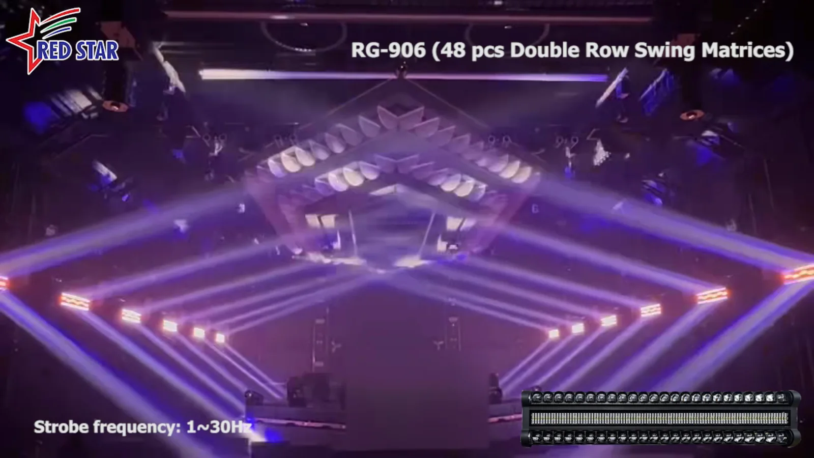 Violet RG-906 crossing beams and strobe effects