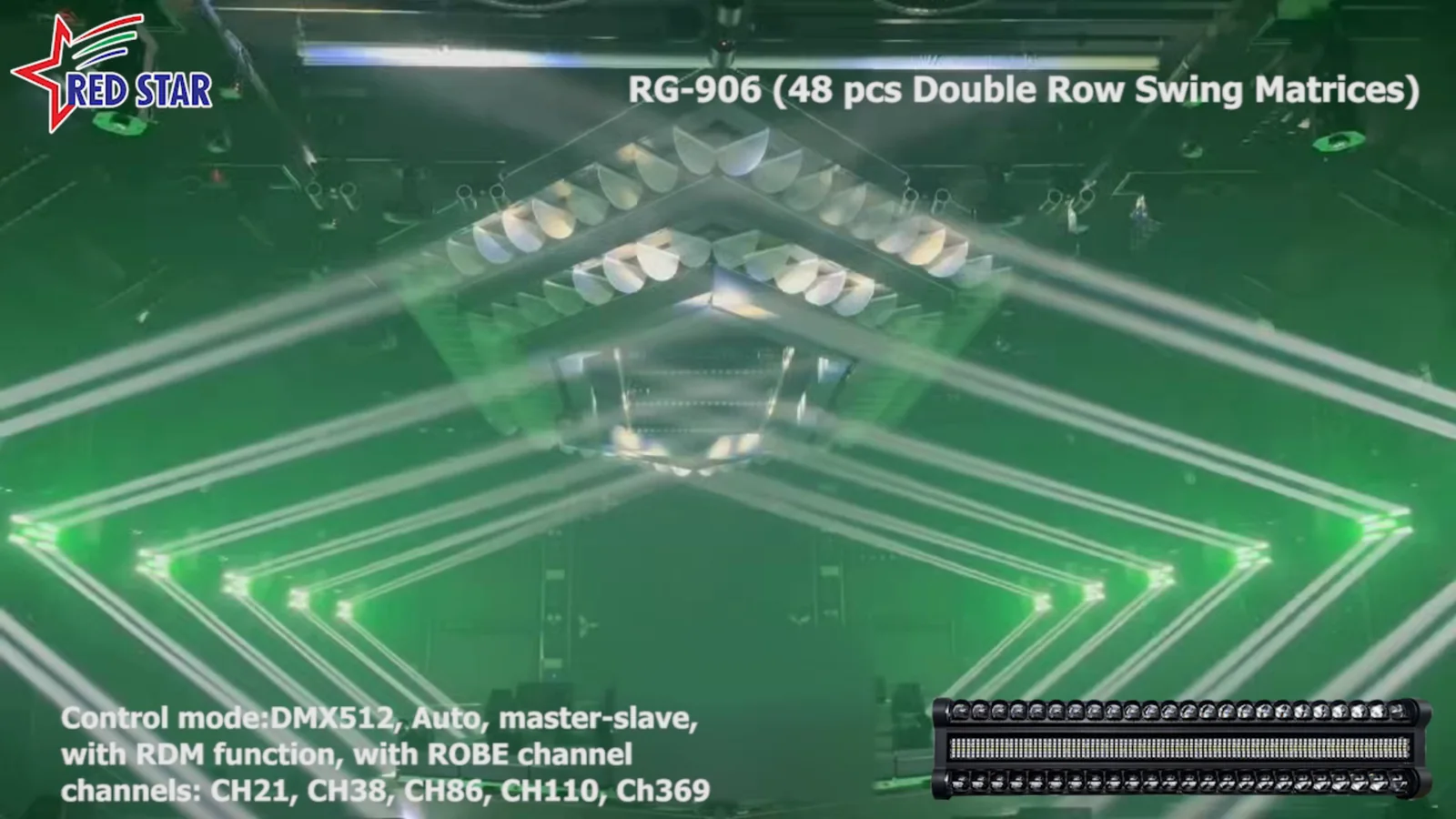 253W Double-Row Beam Swing Strobe Light — RG-906 fixtures creating green crossing beam patterns