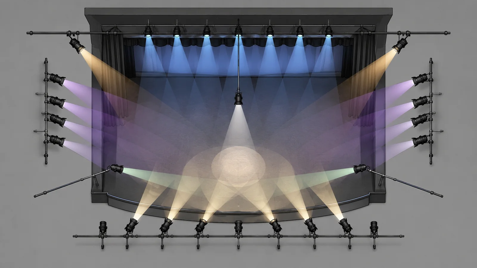 Theatre stage lighting diagram showing front side back and scenic zones
