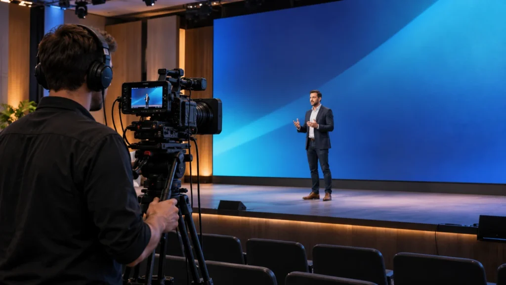 Camera operator filming a presenter in front of a blue LED wall in an auditorium.