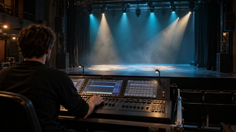 Lighting technician at a console facing an empty stage with blue and warm white lighting