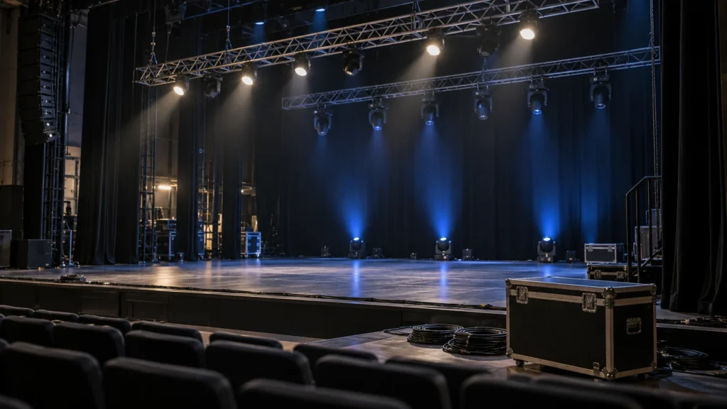 Empty stage with overhead and floor lighting, road cases and coiled cables during technical preparation
