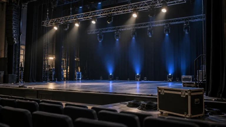 Empty stage with overhead and floor lighting, road cases and coiled cables during technical preparation