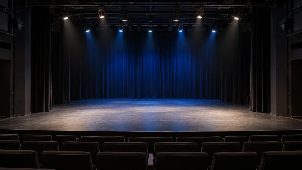 White stage lighting over an empty theatre performance area with a subdued blue curtain