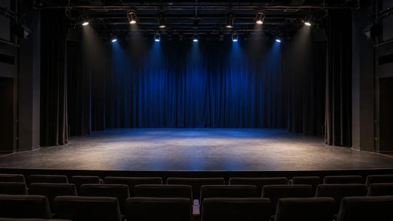 White stage lighting over an empty theatre performance area with a subdued blue curtain