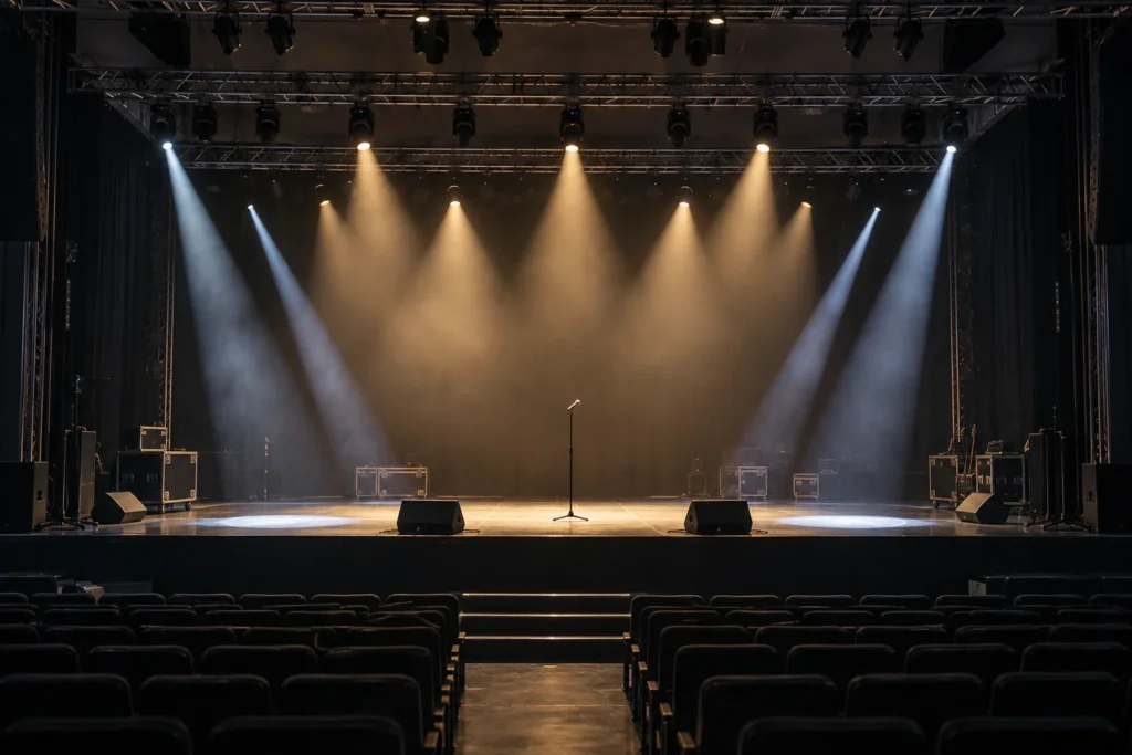 Empty theatre stage with narrow cool-white beams and broad warm-white lighting above a central microphone stand.
