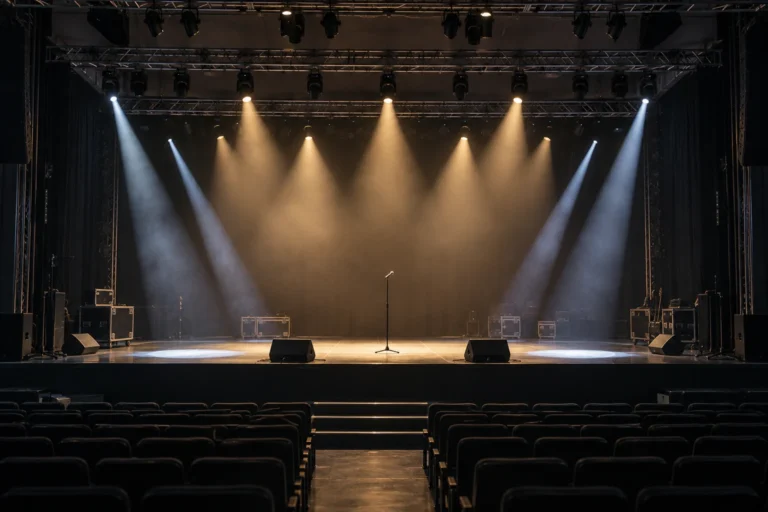 Empty theatre stage with narrow cool-white beams and broad warm-white lighting above a central microphone stand.