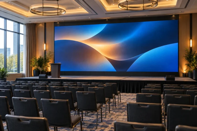 LED video wall displaying blue and amber graphics on a conference stage, with empty chairs and daylight from side windows.