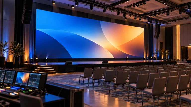Large LED video wall displaying blue and amber graphics above a conference stage with empty seating.