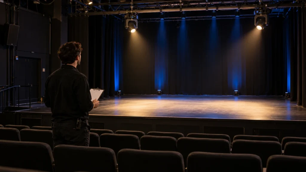 Technician holding a clipboard among empty theatre seats, facing an illuminated stage with overhead moving-head lights