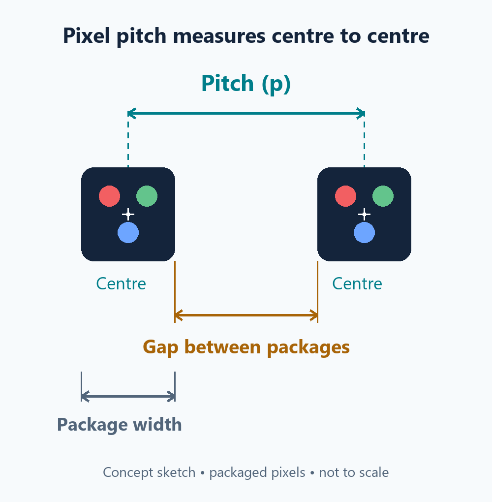 Pixel pitch measured between two pixel centres, with package width and edge gap shown separately.