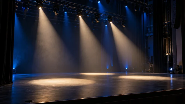 Illustrative stage scene showing lighting fixtures and pools of light at different positions