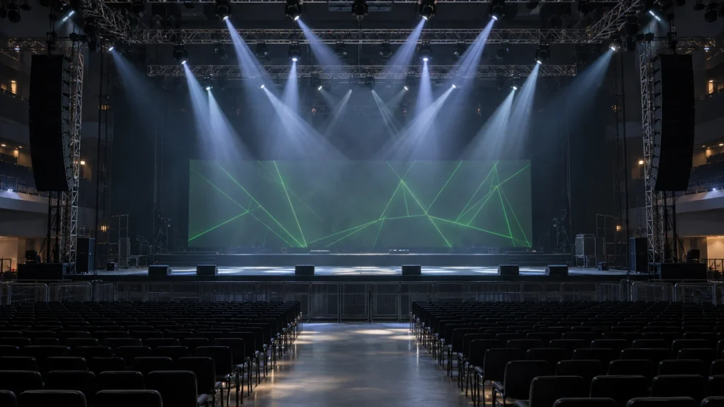 Illustrative empty stage with moving-head beams and a separate green scenic pattern