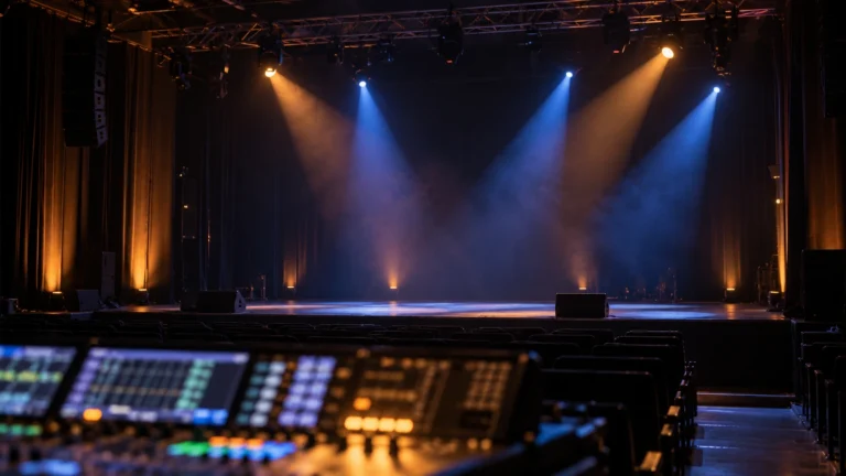 DMX-controlled theatre stage with blue and amber lighting and a console in the foreground
