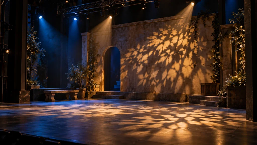 Illustrative theatre scene with gobo light patterns across scenery and the stage floor