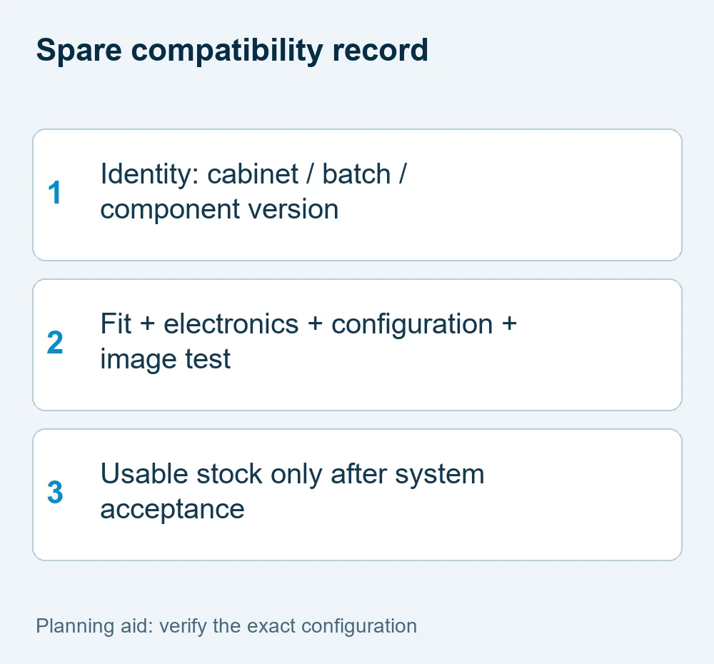 Spare-parts acceptance checklist: identify cabinet and component versions, check fit and configuration, and approve the replacement in the screen