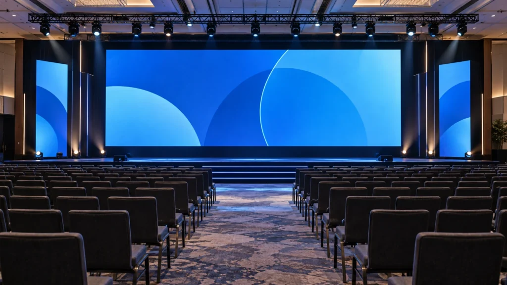 Illustrative LED screen aspect ratio rehearsal or planning scene