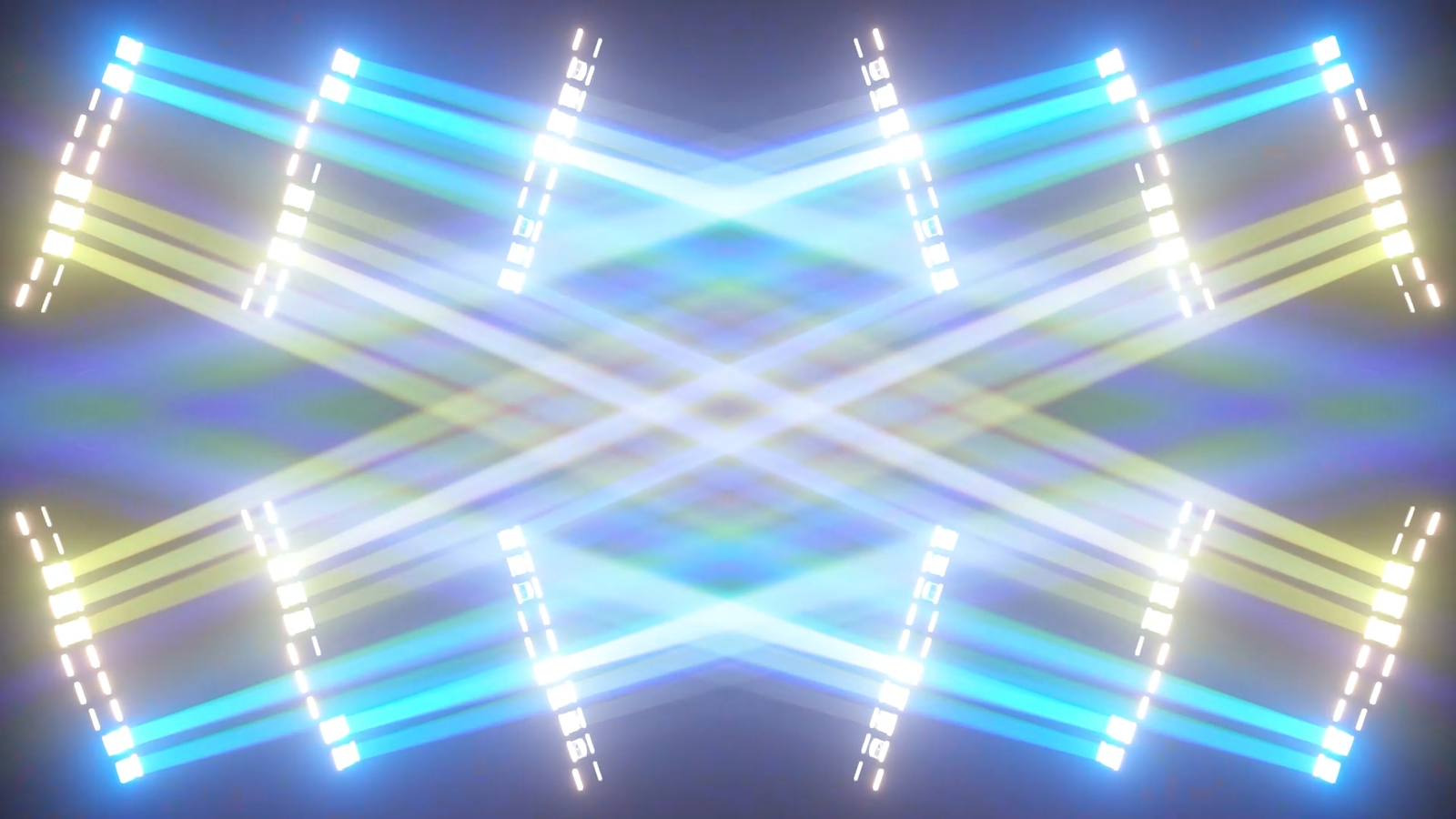 Blue white and yellow crossed beams from diagonal multi-fixture rows