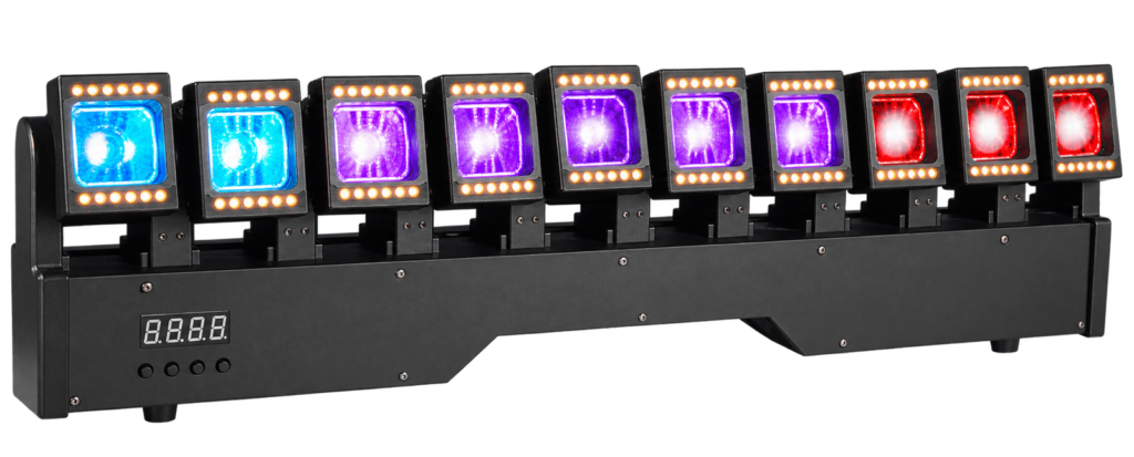 Mini Dancing Beam Bar with ten rectangular moving heads colored central lenses white auxiliary strips and a base control display
