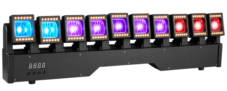 Mini Dancing Beam Bar with ten rectangular moving heads colored central lenses white auxiliary strips and a base control display
