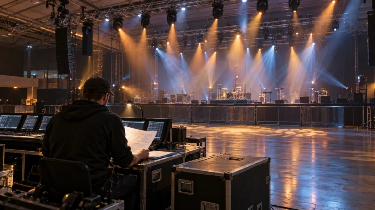 Illustrative rehearsal venue with a technician reviewing a stage-lighting equipment schedule