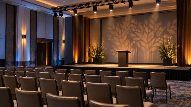 Illustrative clear-air event hall with surface lighting and a projected scenic pattern