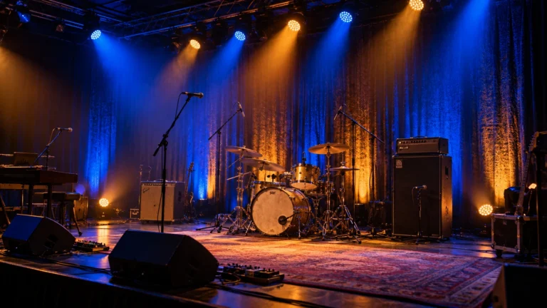Blue and amber PAR wash lighting across a live-music stage with drums and microphone stands
