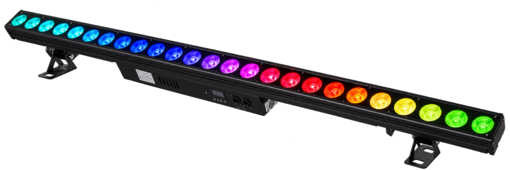 24-LED 8-Segment RGBW Wall Wash Bar twenty-four-lens RGBW wall wash bar showing a multicolor effect and mounting brackets