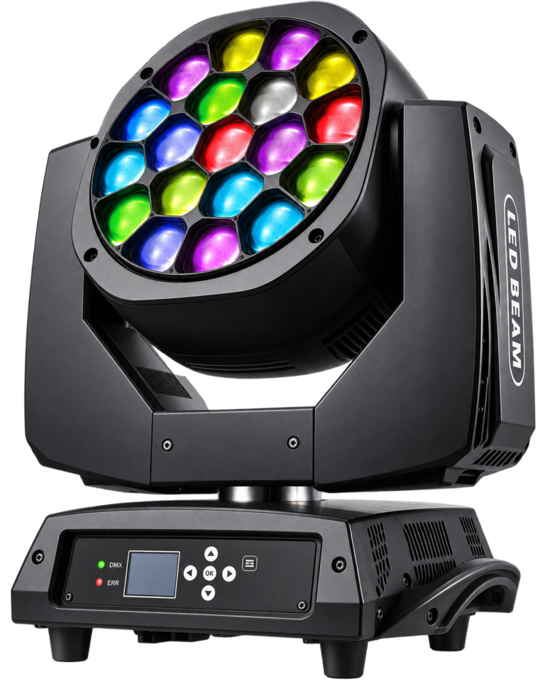19x15W RGBW Rotating Bee-Eye Moving Head Light bee-eye moving head with nineteen illuminated colored lenses, a yoke and LCD control base