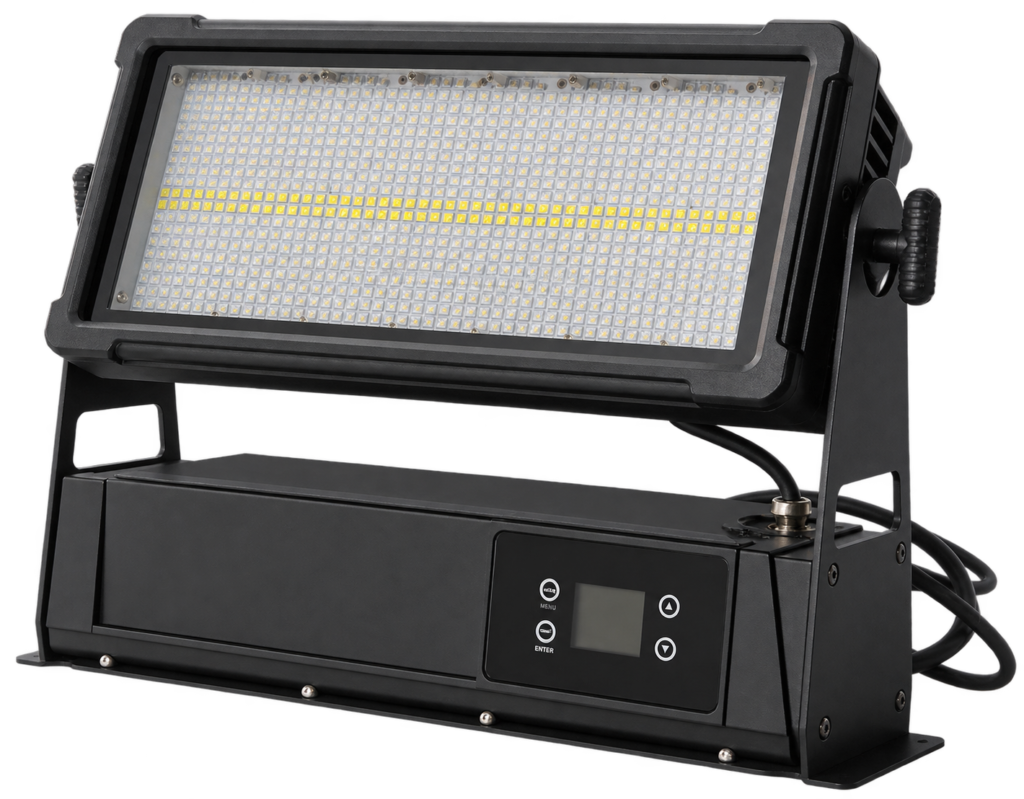 1000W IP65 Tilting RGB / White Strobe tilting RGB and white strobe showing front LED panel base control display and tilt supports
