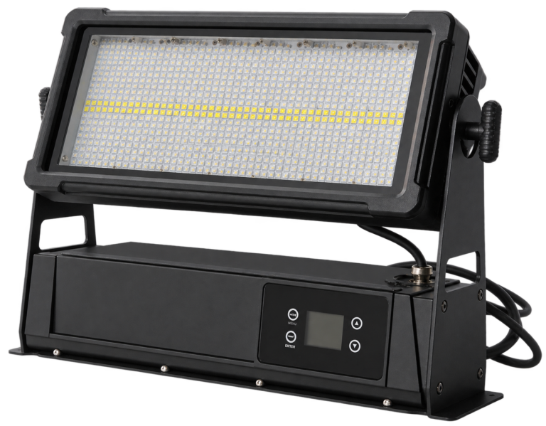 1000W IP65 Tilting RGB / White Strobe tilting RGB and white strobe showing front LED panel base control display and tilt supports