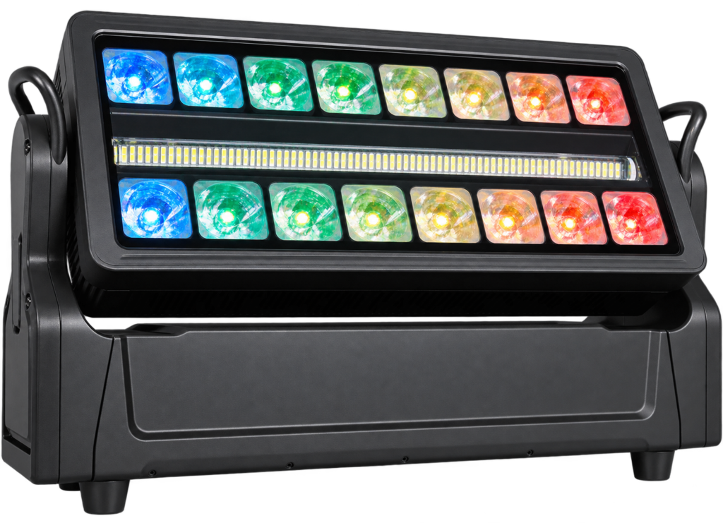 16x30W RGBW Waterproof Moving Head Strobe moving strobe showing two rows of eight colored RGBW lenses and a central white LED strip in a yoke