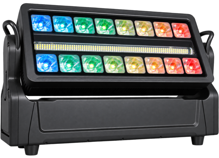 16x30W RGBW Waterproof Moving Head Strobe moving strobe showing two rows of eight colored RGBW lenses and a central white LED strip in a yoke