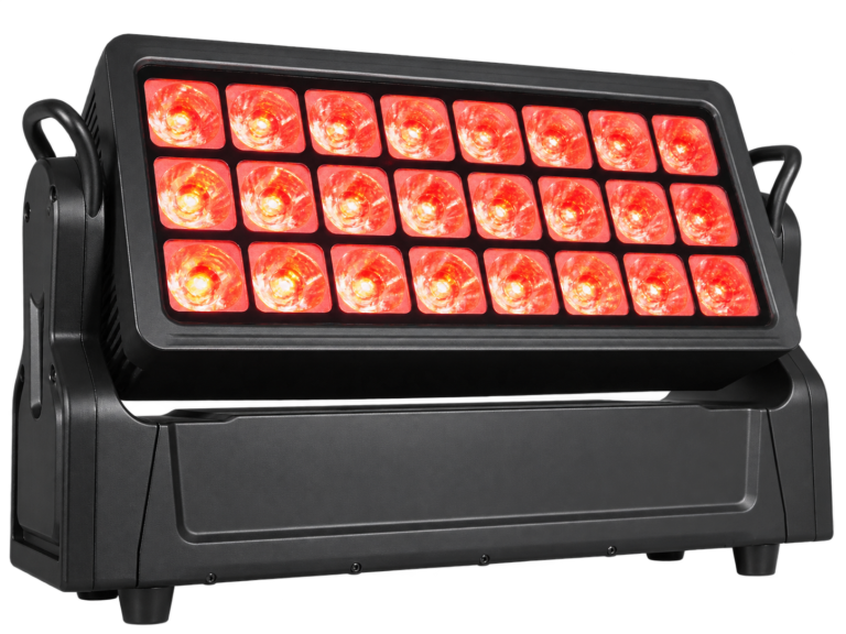 24x30W IP65 RGBW Moving Head Wash Light moving head wash light showing 24 illuminated red lenses in a rectangular panel and yoke