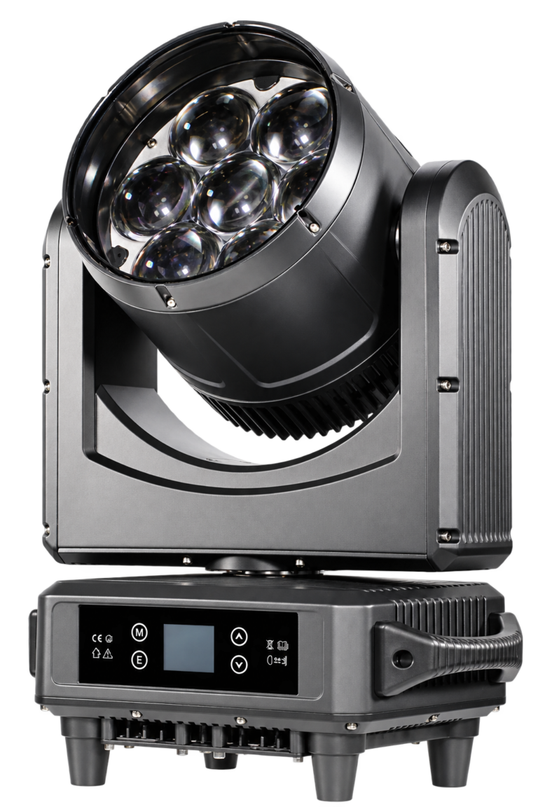 7x60W IP65 Bee-Eye Moving Head seven-lens bee-eye moving head with vented housing, yoke, control display and base handles
