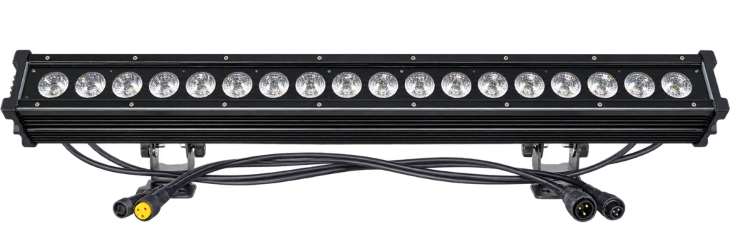 18x10W RGBW IP65 Wall Wash Bar eighteen-lens RGBW LED wall wash bar with mounting brackets and attached cables