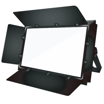 80W LED Conference Panel Light LED conference panel with a white rectangular front four black barn doors and a mounting yoke