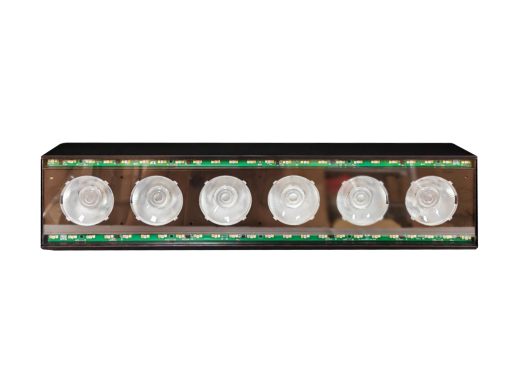 6x50W COB Matrix Bar front view of six COB lenses with upper and lower RGB auxiliary LED strips